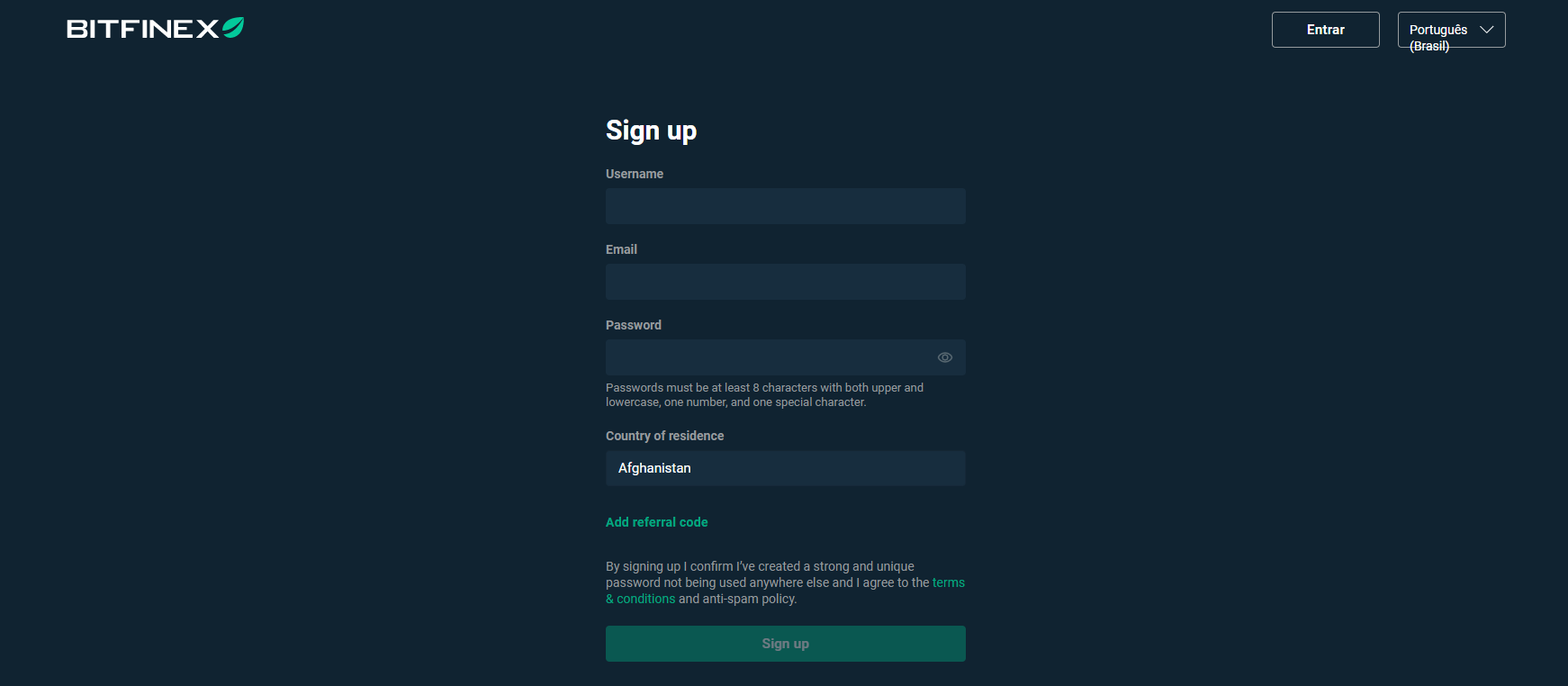 O registro na plataforma Bitfinex O registro na plataforma Bitfinex