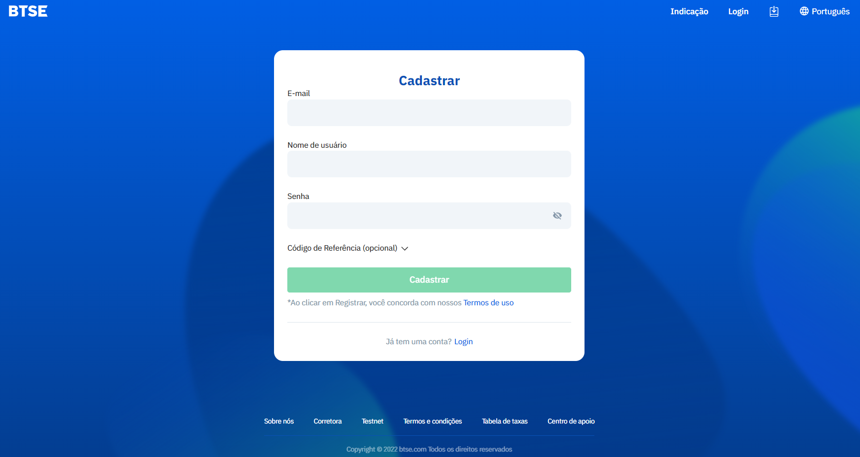 Registro na plataforma de derivativos de criptografia BTSE Registro na plataforma de derivativos de criptografia BTSE