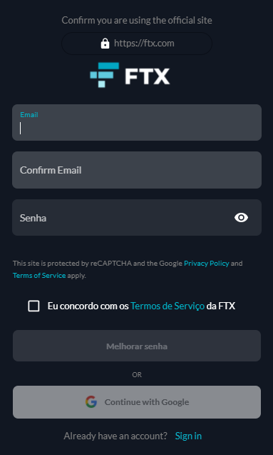 Registo na plataforma de negociação de derivados FTX Registo na plataforma de negociação de derivados FTX