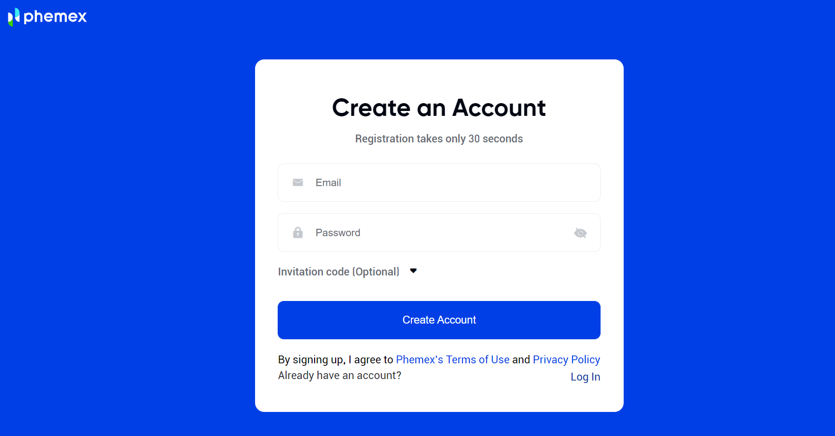 Registre-se na plataforma de negociação Phemex Registre-se na plataforma de negociação Phemex