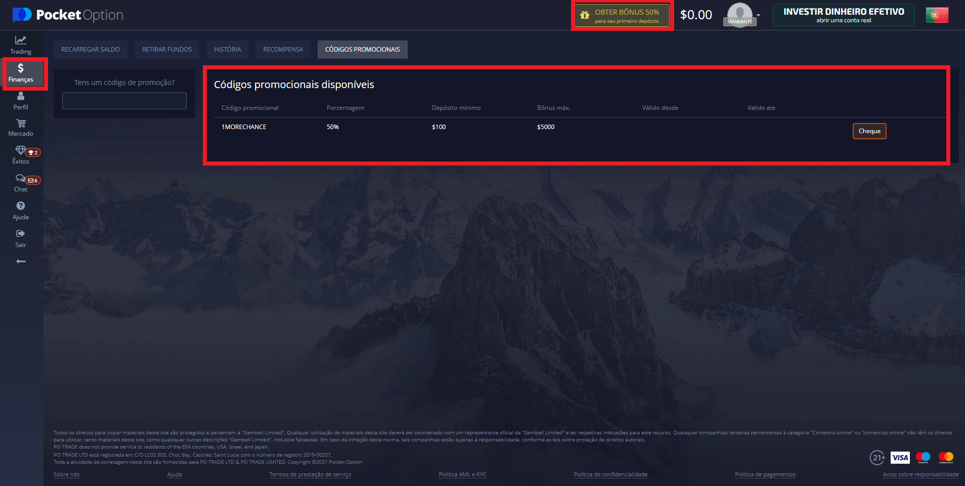 Use seu código promocional na plataforma Use seu código promocional na plataforma