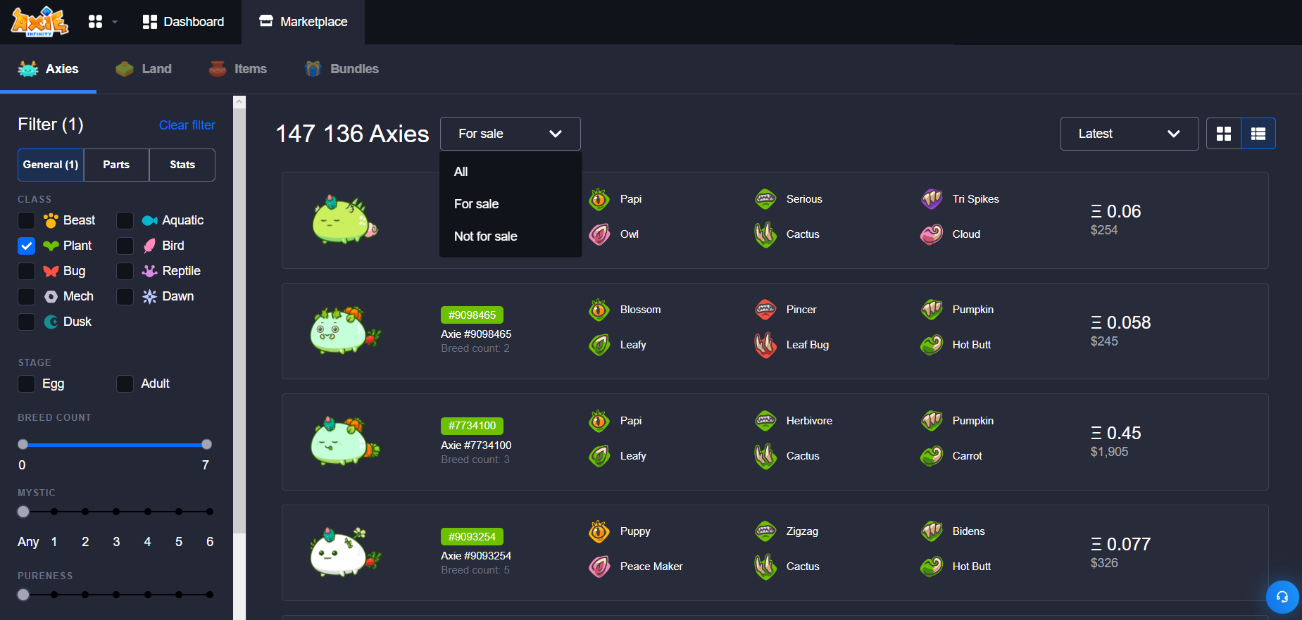 Exemplo de utilização de um filtro no Marketplace de Axie Infinity Exemplo de utilização de um filtro no Marketplace de Axie Infinity